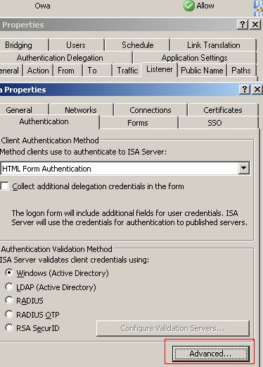 ISA OWA Publishing Rule/Listener Properties/Authentication