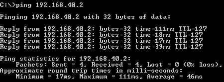 A connectivity test from 192.168.10.2 to 192.168.40.2