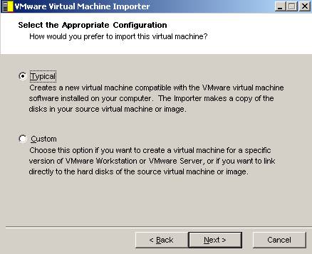 Import Options Wizard VMware Server