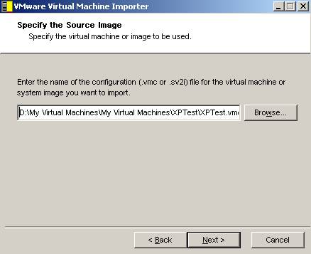 Import Wizard VMware Server: Location of the file to Import