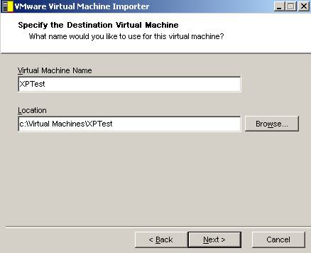 Import Wizard VMware Server: Destination of the VMware VM
