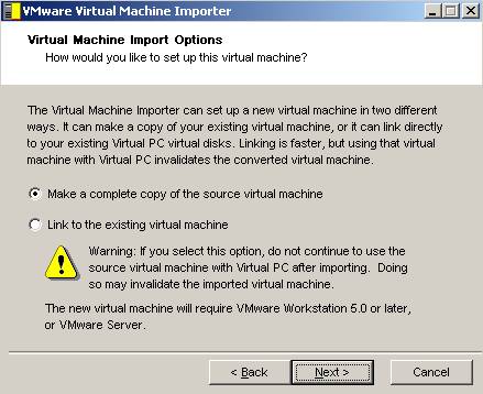 Import Wizard VMware Server: Copy or Direct Link