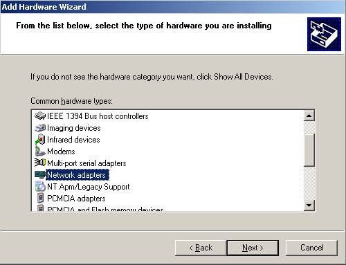 Add Hardware Wizard: Choose Network Adapters