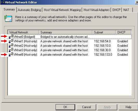 VMware Server Virtual Network Editor: Default Virtual Networks