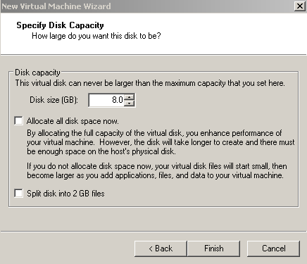 New Virtual Machine Wizard: Disk Capacity