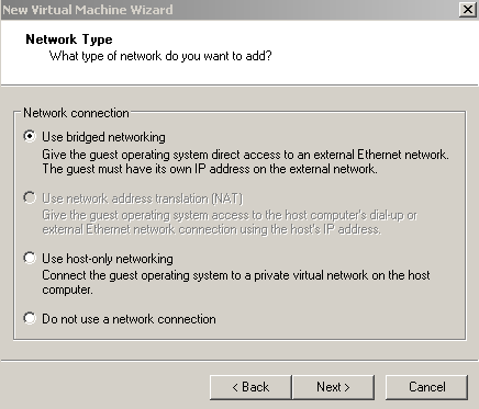 New Virtual Machine Wizard: Network Type