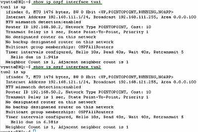 Vyatta HQ GRE Tunnels: show ip ospf interface tun1 and tun2