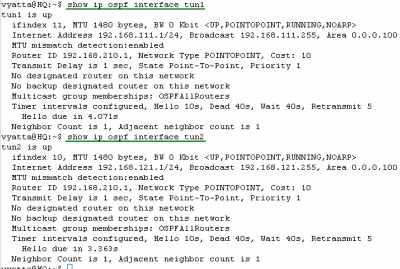 Vyatta HQ IPIP/IPsec: show ip ospf interface tun1 and tun2