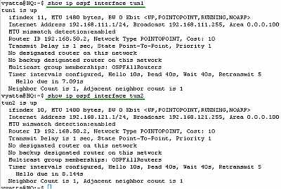 Vyatta HQ IPIP Tunnels: show ip ospf interface tun1 and tun2