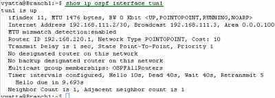 Vyatta Branch1 GRE/IPsec: show ip ospf interface tun1