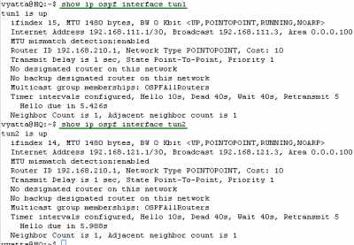 Vyatta HQ IPIP/IPsec: show ip ospf interface tun1 and tun2