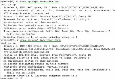 Vyatta HQ IPIP Tunnels: show ip ospf interface tun1 and tun2