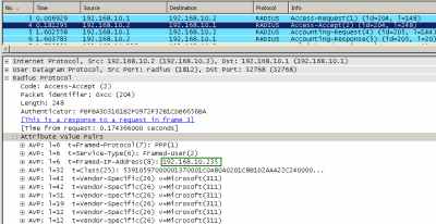 Wireshark Capture: RADIUS messages - Static IP Address Assigned